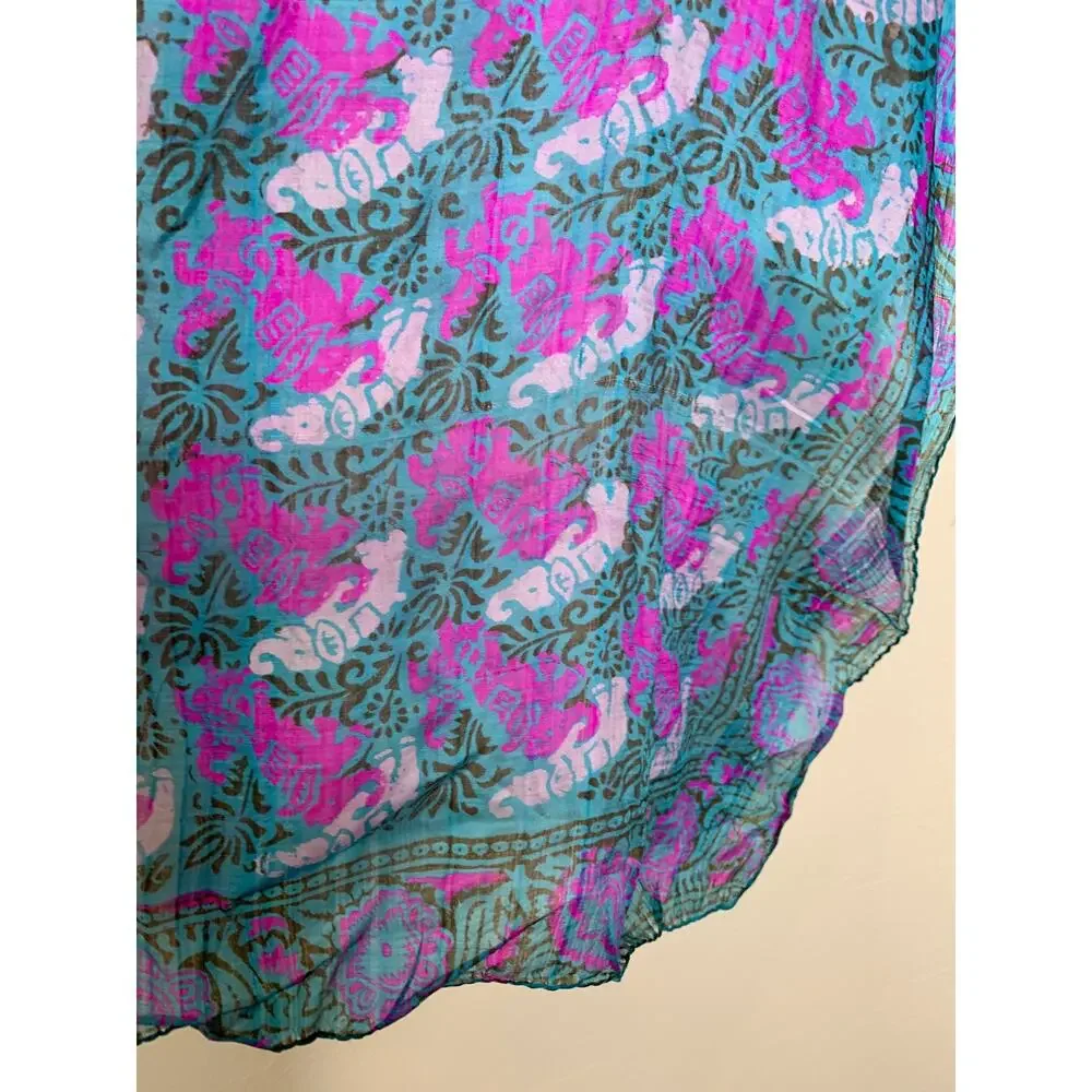 Green Pink Purple Floral Batik? Silk Scarf 29 x 27